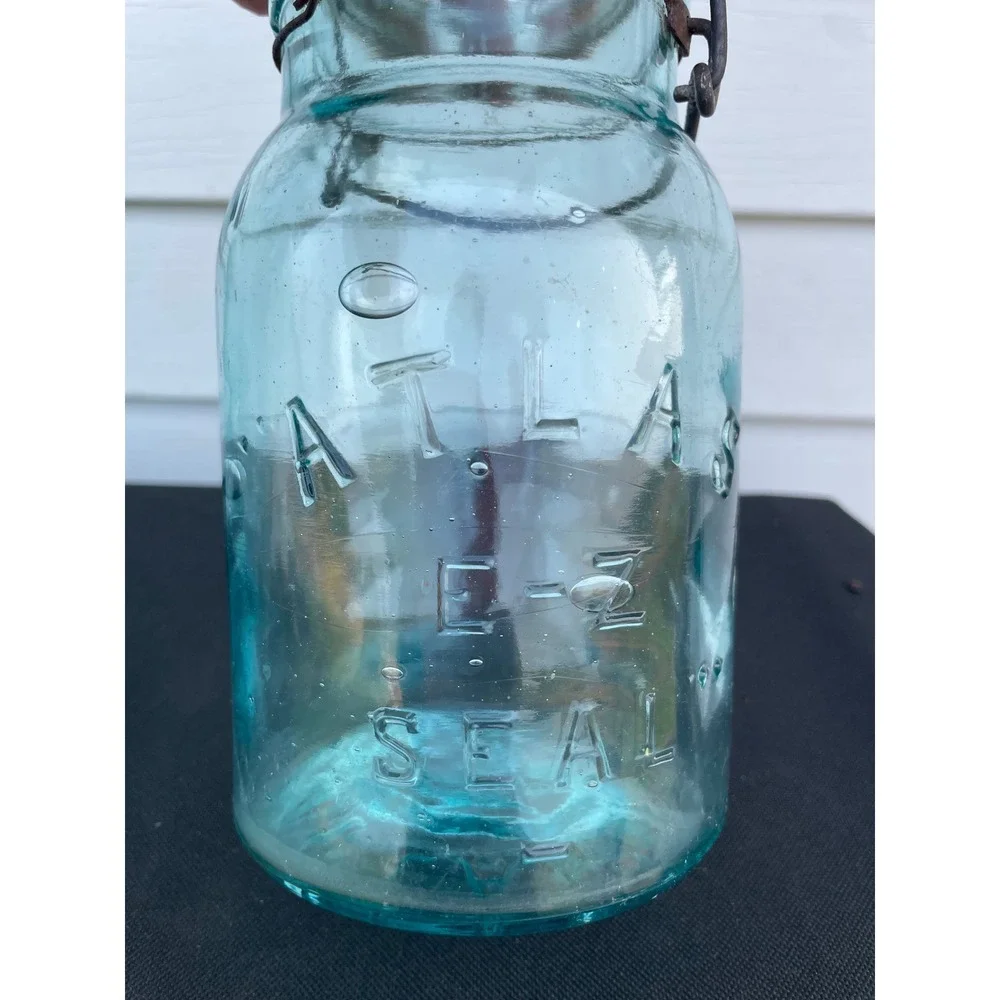 Atlas E-Z Seal Vintage Aqua Blue Glass Mason Jars Wire Bail Set of 3